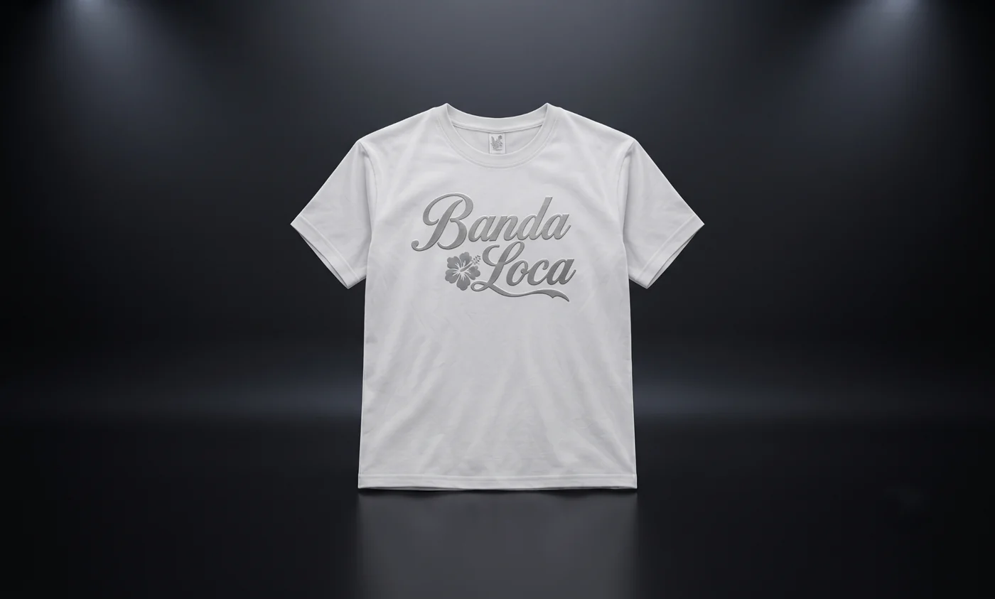Camiseta blanca oficial de Banda Loca con letras plateadas