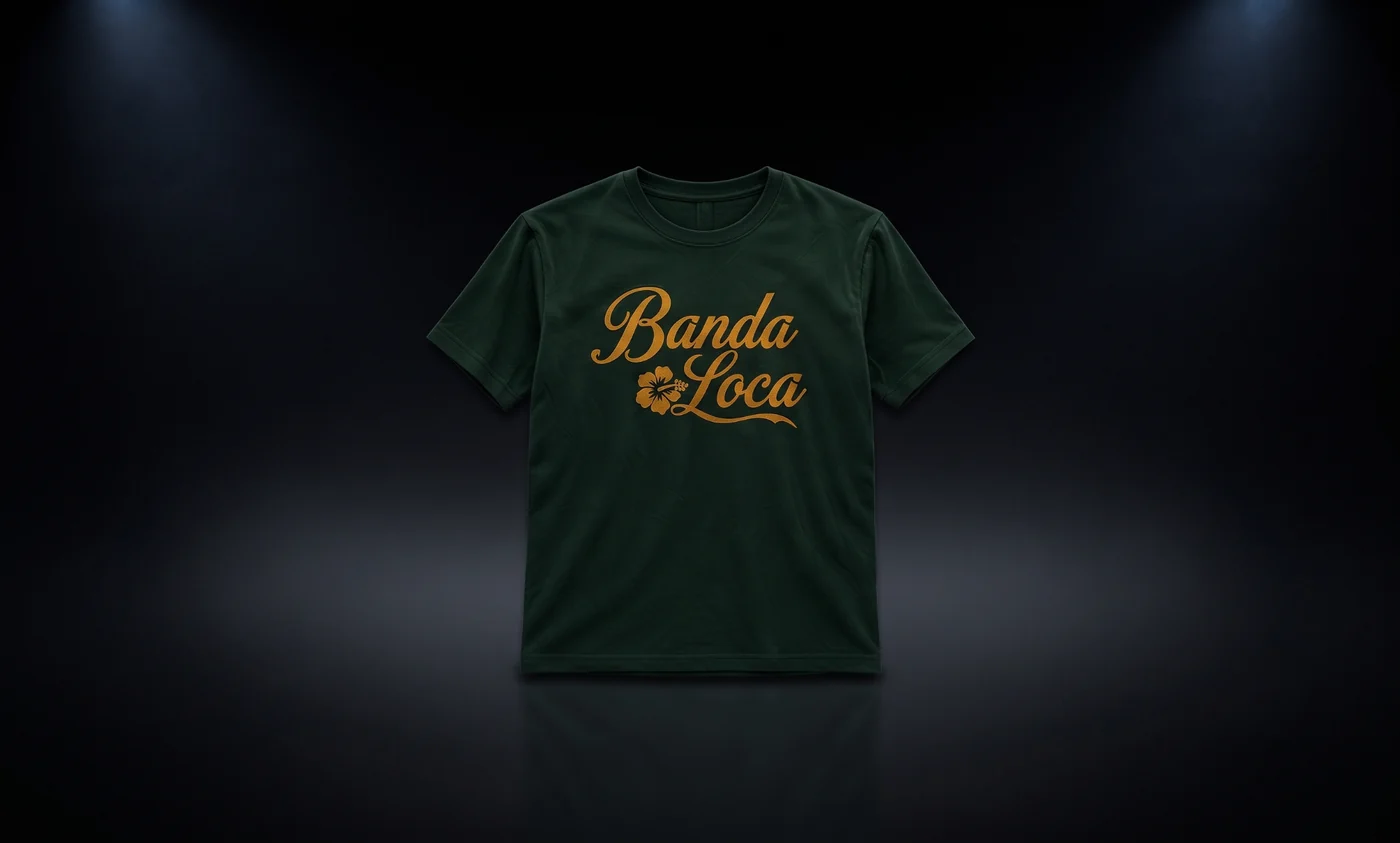 Camiseta verde oficial de Banda Loca con letras doradas