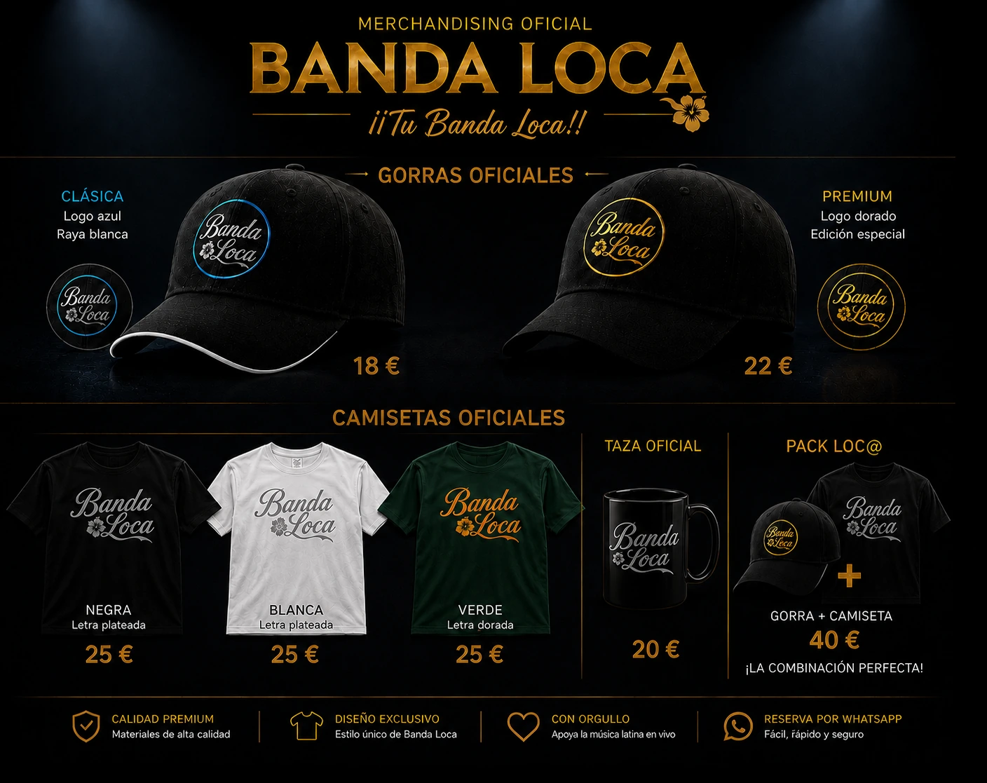 Colección oficial de Banda Loca con gorras clásica y premium, y camisetas negra, blanca y verde mostradas únicamente por el frontal