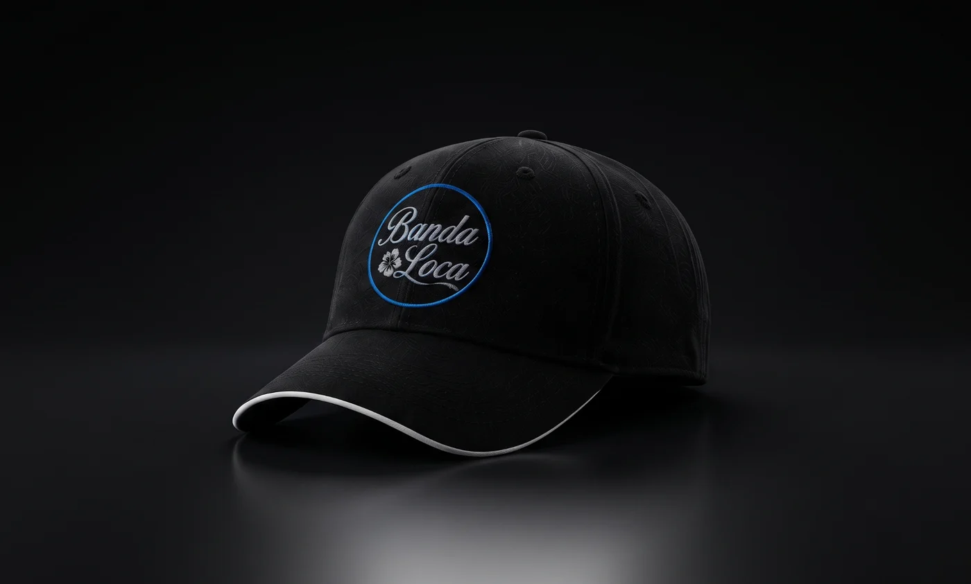Gorra clásica negra de Banda Loca con raya blanca y logotipo azul y plateado